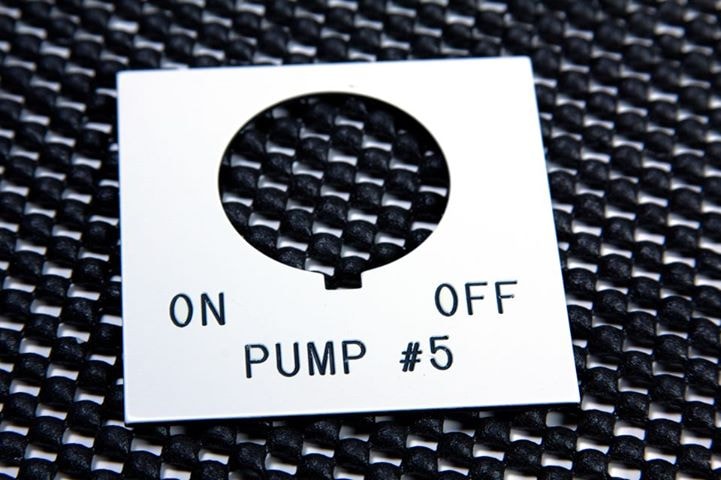 Engraved white phenolic device plate — ON/OFF Pump #5