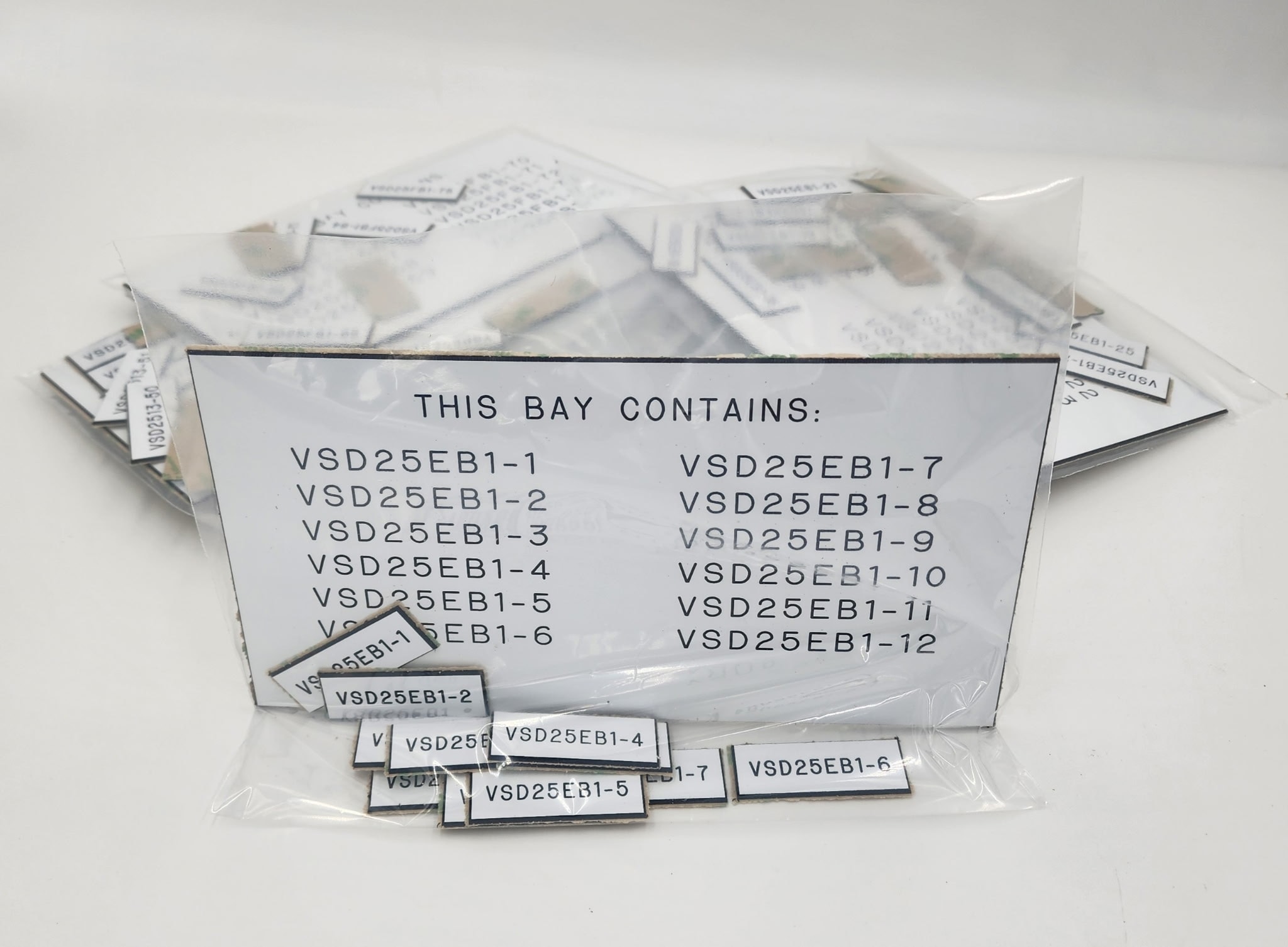Packaged VSD25EB1 engraved label set with bay contents card